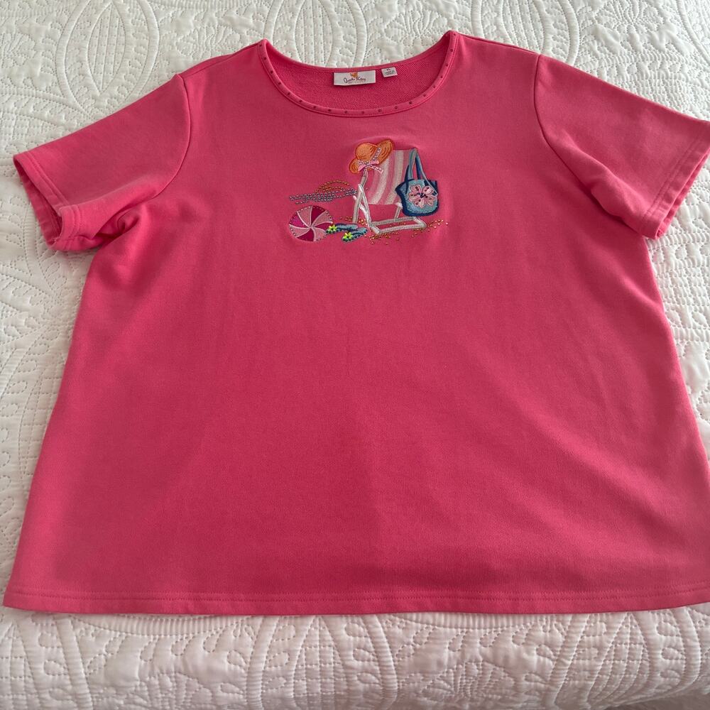 Quacker Factory Womens Top Pink Size XL Round Neck Embroidered Beach Chair